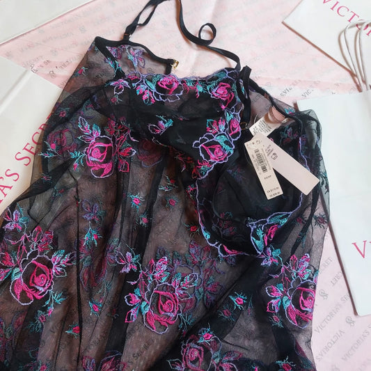 Victoria's Secret Embroidered Rose Mesh Slip & Thong Set
