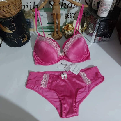 Ann Summers Size : 34-D Pink Satin Lace Plunge 2 piece  Bra Set