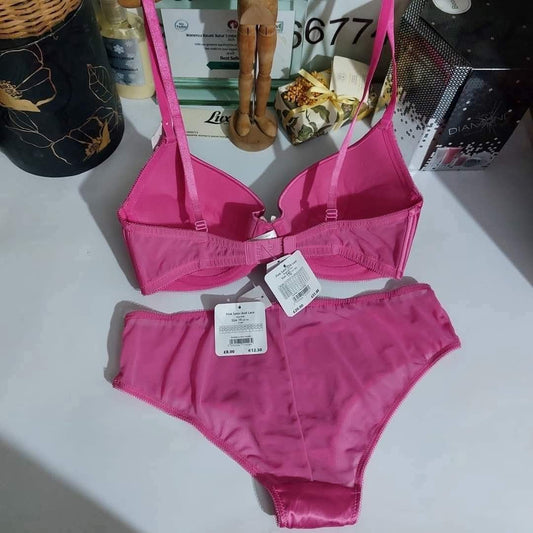 Ann Summers Size : 34-D Pink Satin Lace Plunge 2 piece  Bra Set