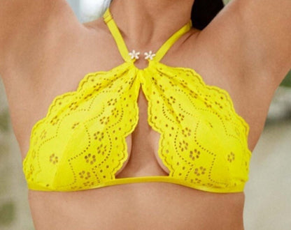 SAVAGE X FENTY Bombshell Broderie Lace Halter Butta Yellow Bralette
