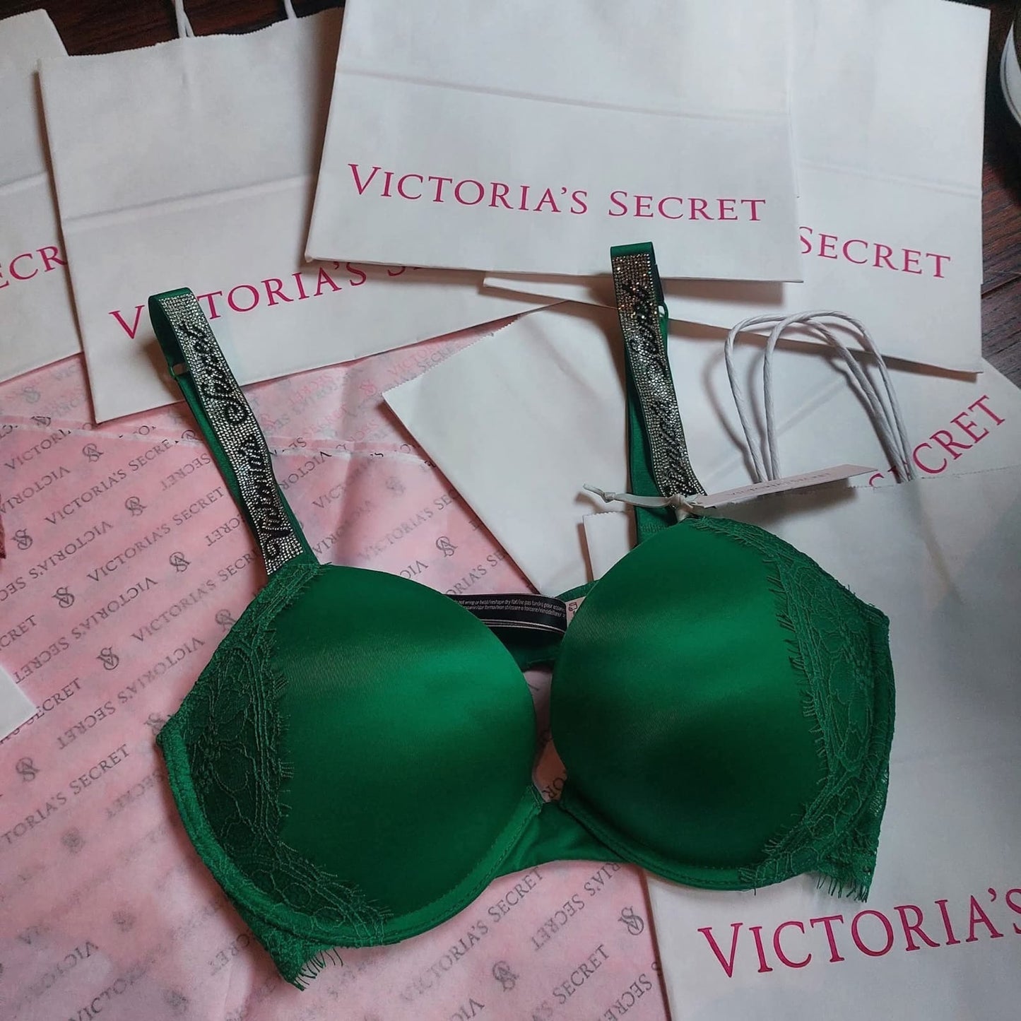 Victoria's Secret Bombshell Push-Up Bra - Emerald Green & Rhinestone Straps