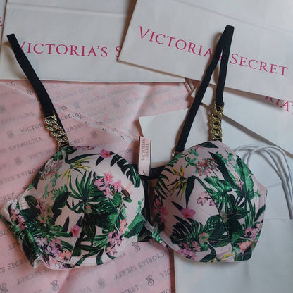 Victoria's Secret Bombshell Push-Up Bra - Tropical Floral & Gold Chain