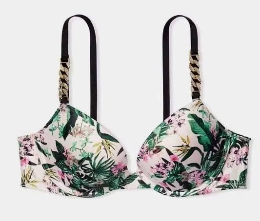 Victoria's Secret Bombshell Push-Up Bra - Tropical Floral & Gold Chain
