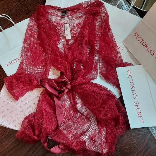 Victoria's Secret Bride Fishnet Lace Robe - Red