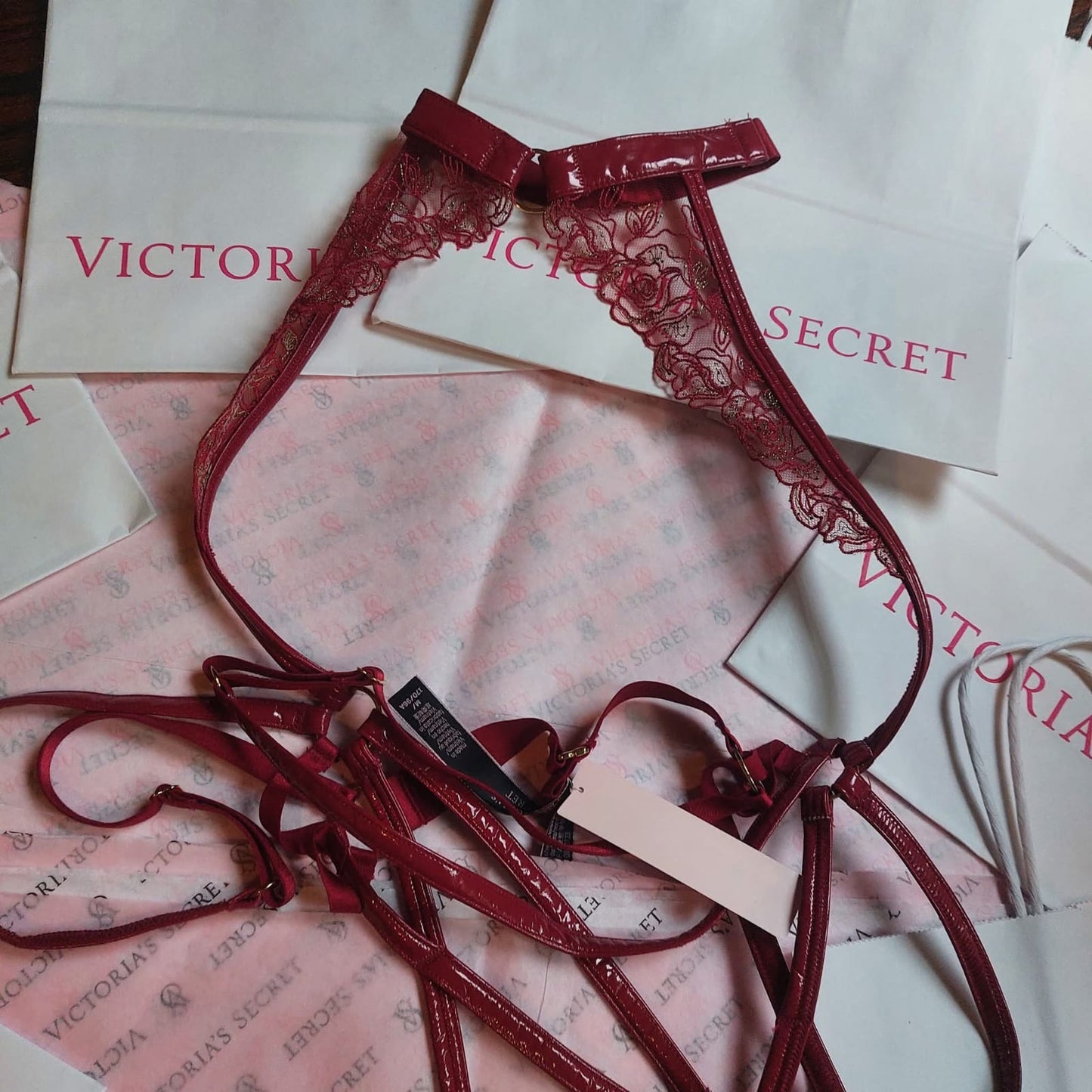 Victoria's Secret Lace & Patent Strappy Teddy - Deep Red