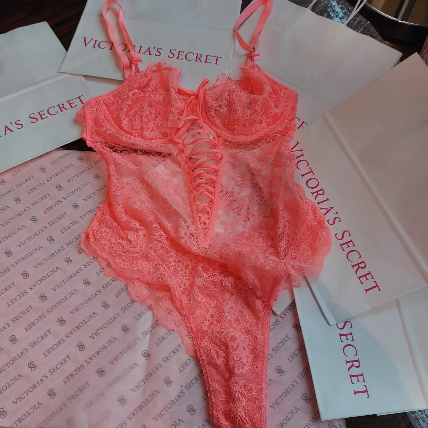 Victoria's Secret Electric Blooms Lace Bodysuit - Neon Nectar Orange