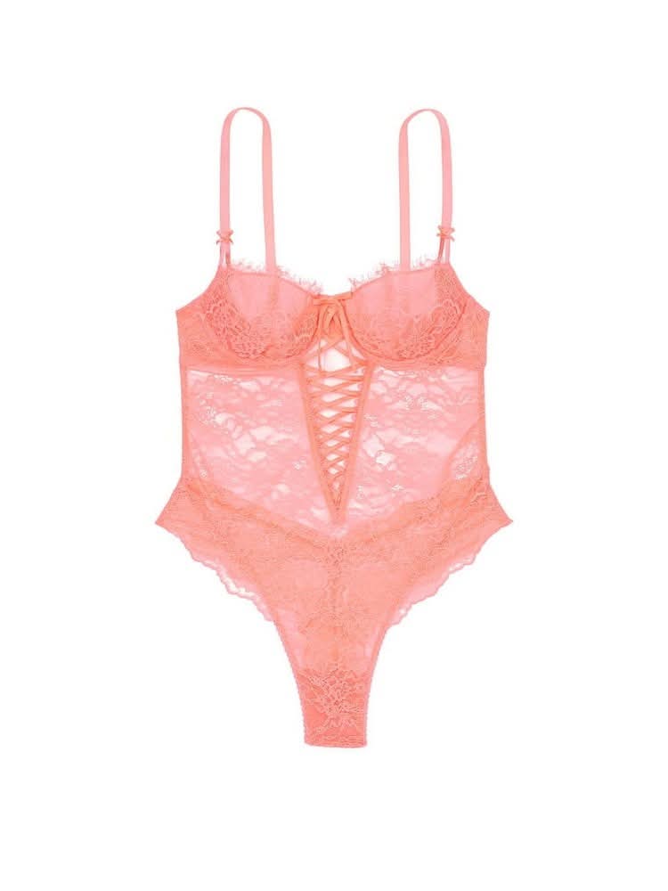Victoria's Secret Electric Blooms Lace Bodysuit - Neon Nectar Orange