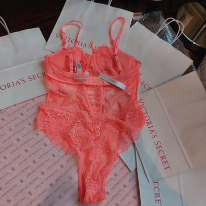 Victoria's Secret Electric Blooms Lace Bodysuit - Neon Nectar Orange