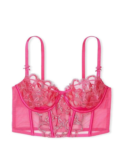 Victoria's Secret Lace Embroidered Mesh Bustier Push-Up Bra - Hot Pink