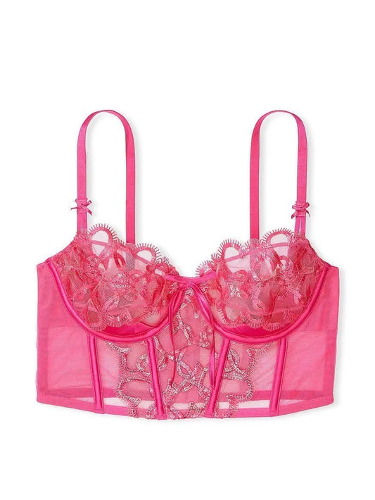 Victoria's Secret Lace Embroidered Mesh Bustier Push-Up Bra - Hot Pink