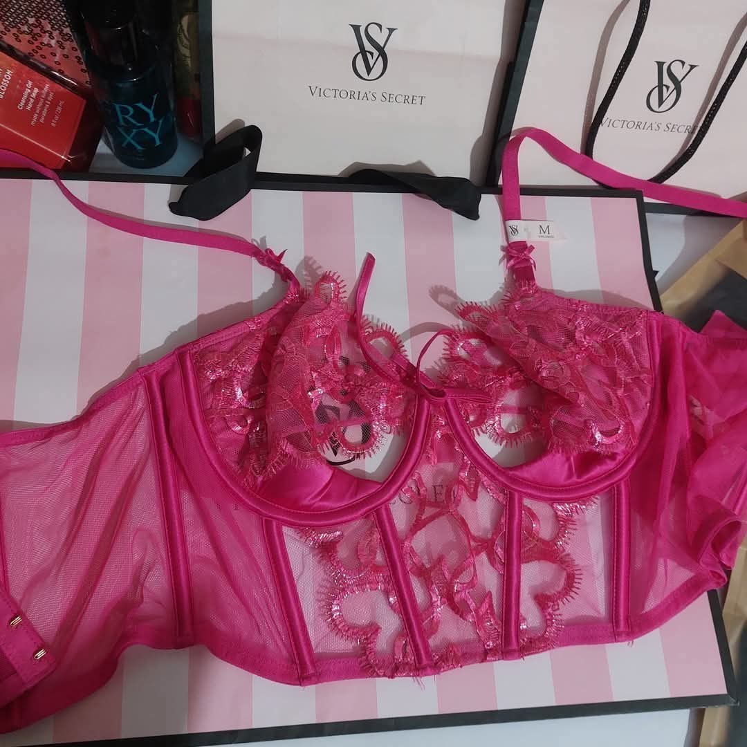 Victoria's Secret Lace Embroidered Mesh Bustier Push-Up Bra - Hot Pink