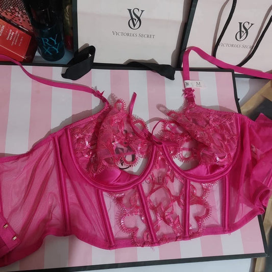 Victoria's Secret Lace Embroidered Mesh Bustier Push-Up Bra - Hot Pink
