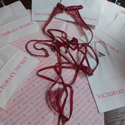 Victoria's Secret Lace & Patent Strappy Teddy - Deep Red