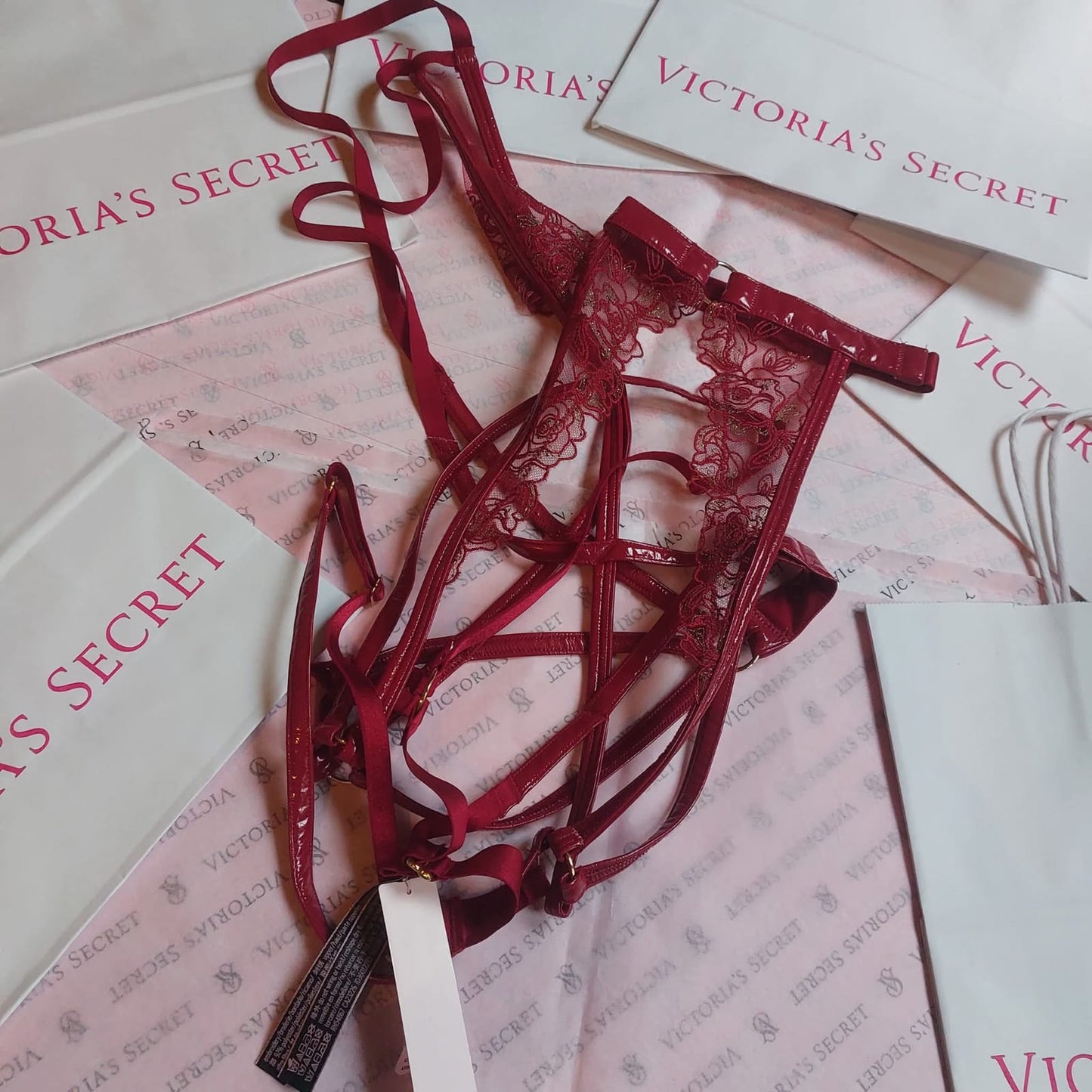 Victoria's Secret Lace & Patent Strappy Teddy - Deep Red