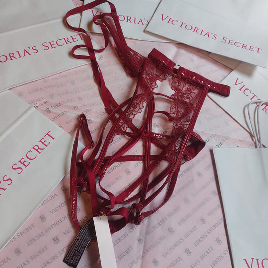 Victoria's Secret Lace & Patent Strappy Teddy - Deep Red