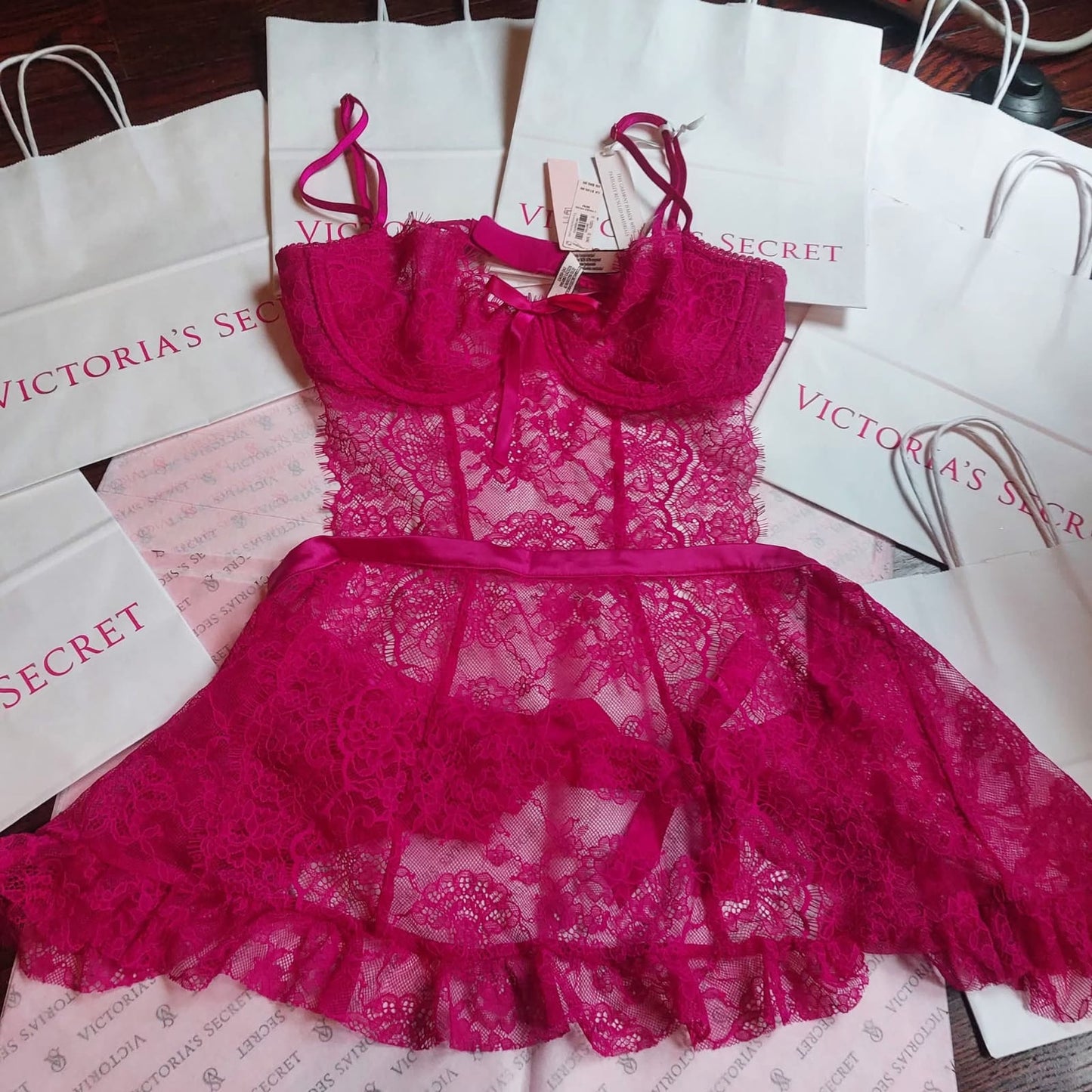 Victoria's Secret Wicked Unlined Rose Lace Apron Babydoll Set