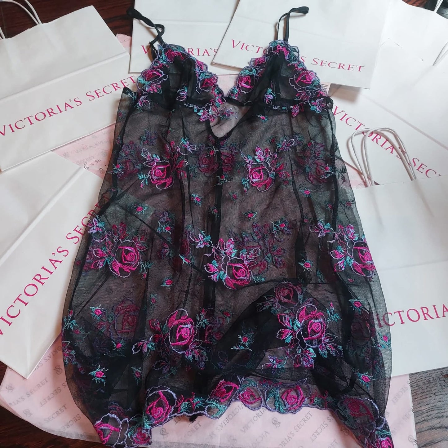 Victoria's Secret Embroidered Rose Mesh Slip & Thong Set