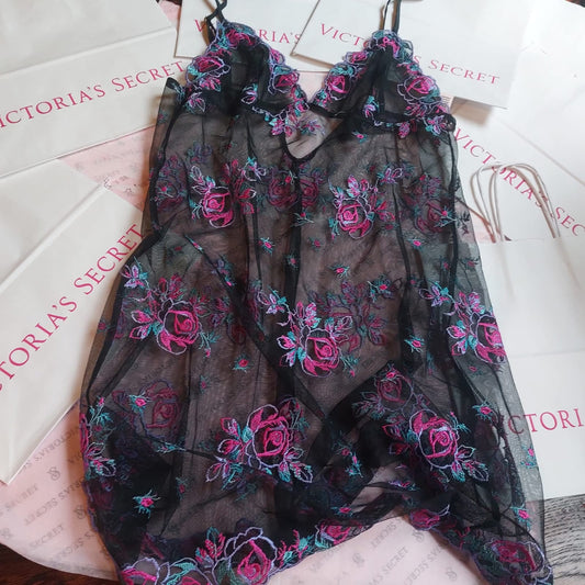 Victoria's Secret Embroidered Rose Mesh Slip & Thong Set