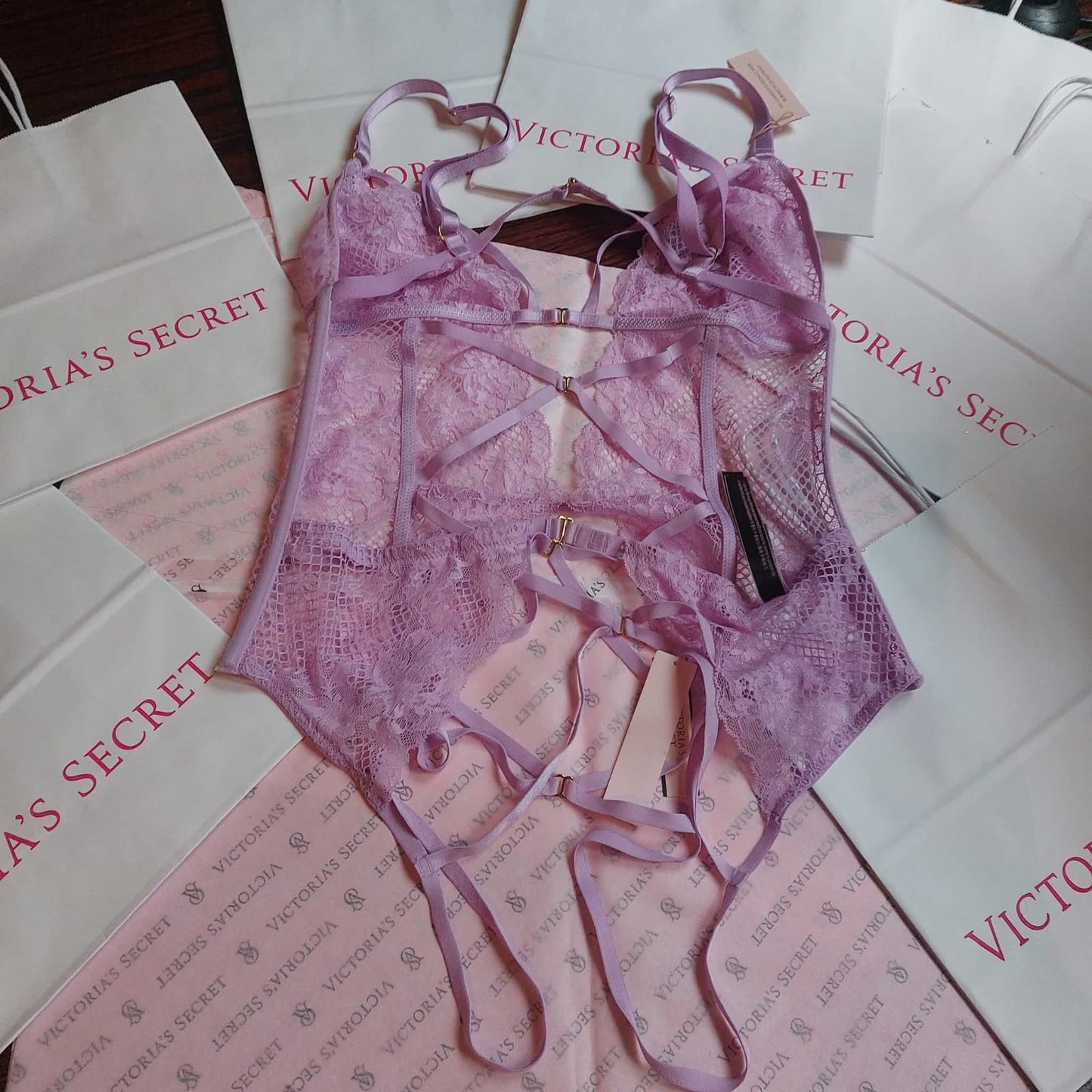 Victoria's Secret Very Sexy Lace Fishnet Strappy Teddy - Lilac